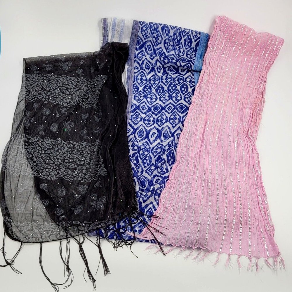 Lot of 3 Vintage Scarves Black Sequin, Pink Silver, Multi- Blue Infinity scarf